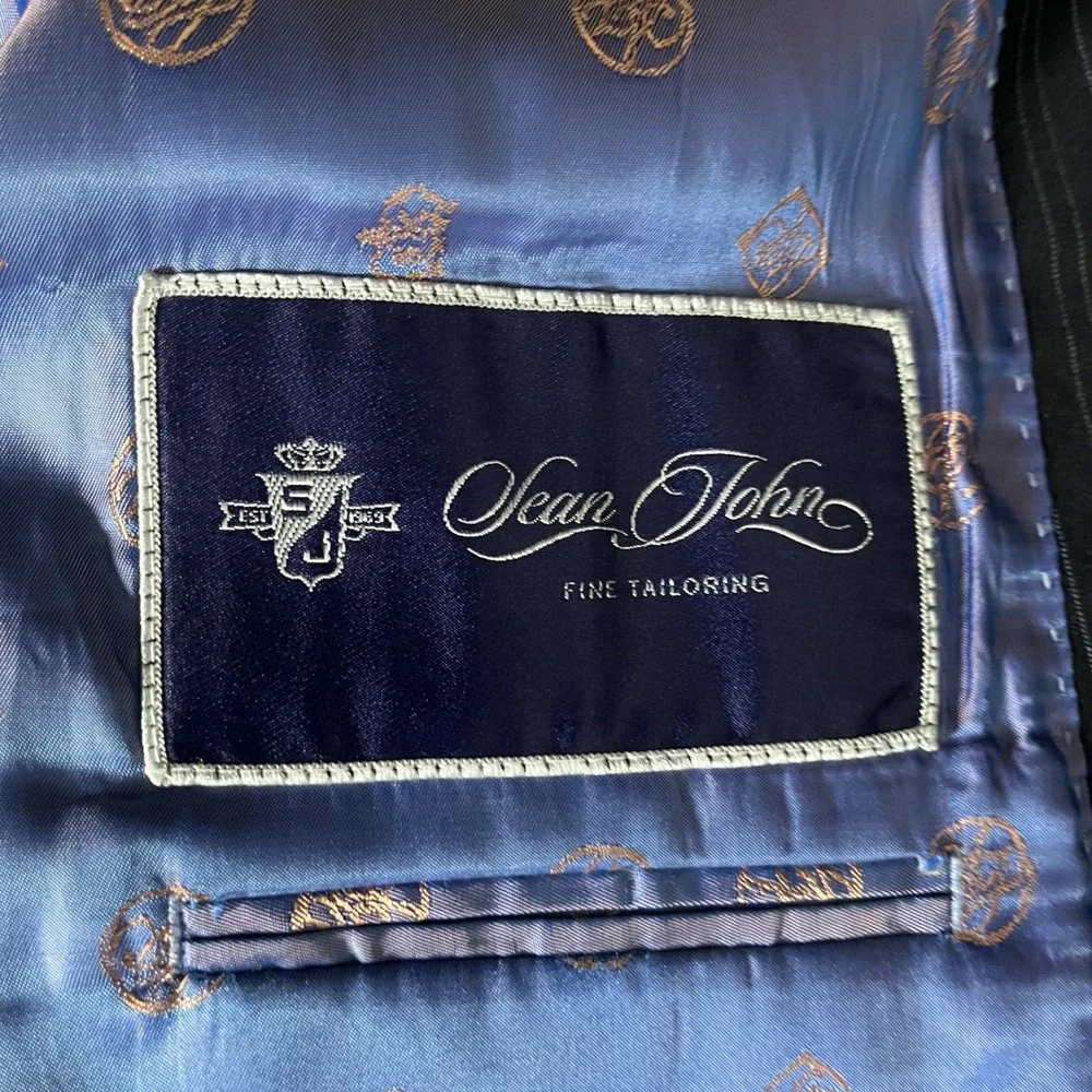 Sean John Suit Mens 48L W41 L30.5 Navy Blue Pinstripe 100% Wool 2-Piece‎ Set